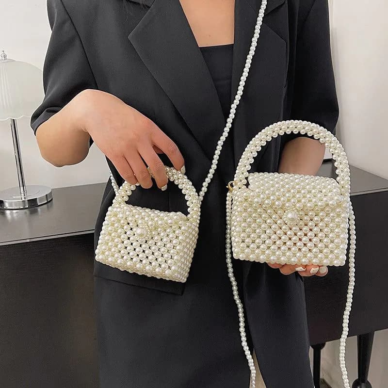 image-Children's Pearl Hand-woven Shoulder Crossbody Box Bag
