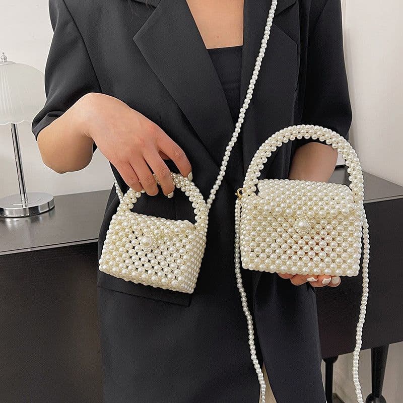 image-Children's Pearl Hand-woven Shoulder Crossbody Box Bag
