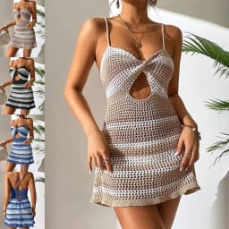image-Women Knitted Spaghetti Strap Dress Summer Stripes Twisted Crochet Cutout Party Mini Dress For Beach Cocktail Nightclub