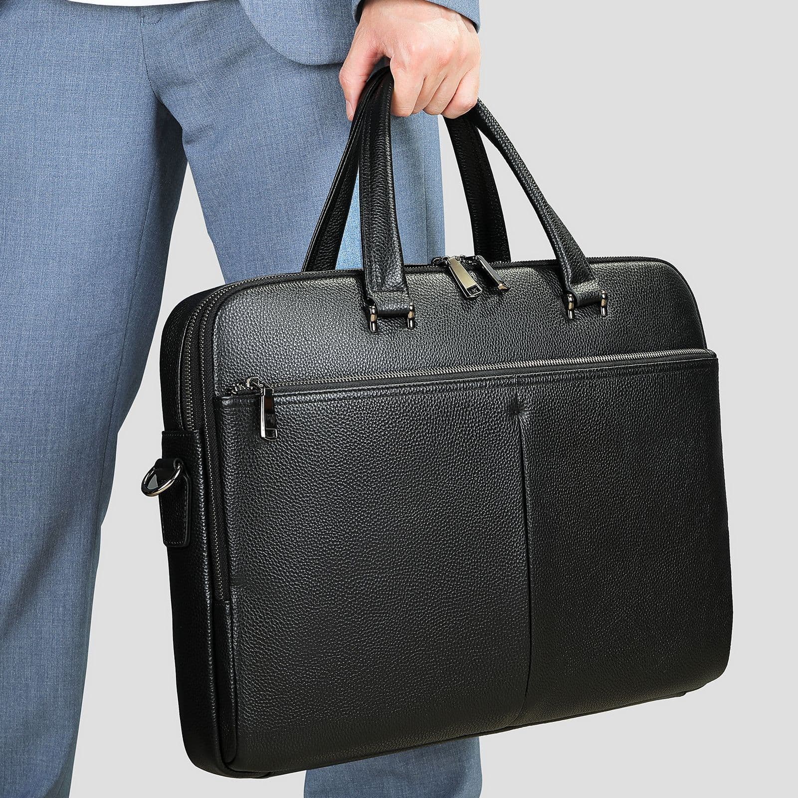 image-Men's Handbag Horizontal Briefcase Large Capacity First Layer Cowhide 17-inch Computer Bag