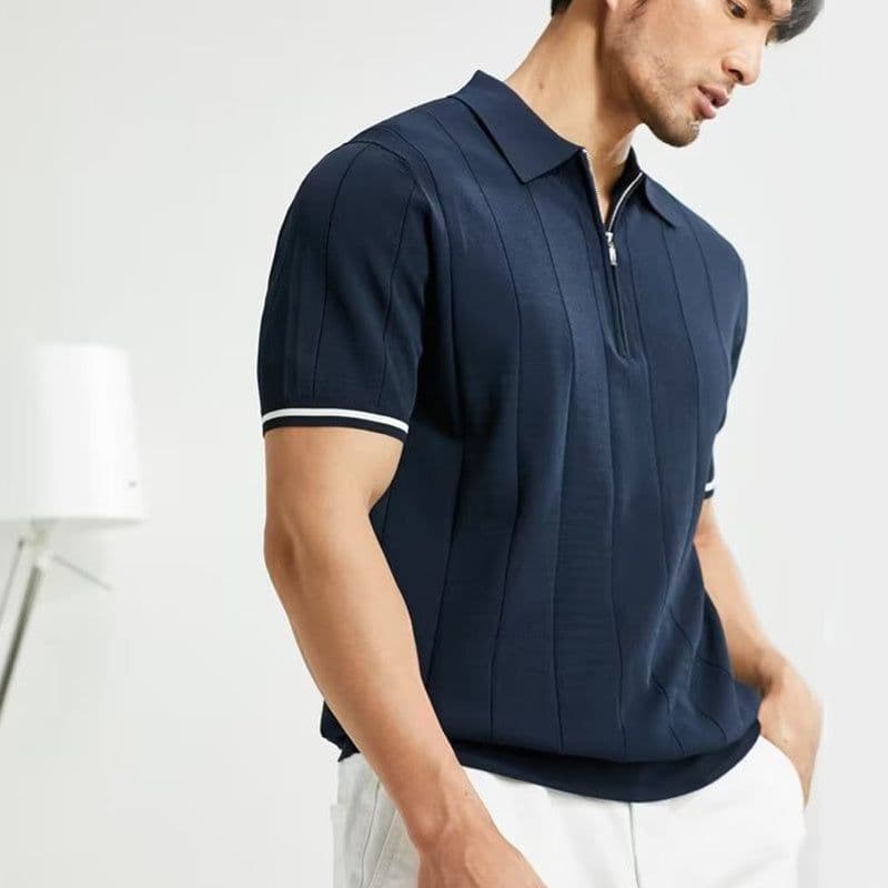 image-Fashion Short-sleeved Polo Shirt Summer Lapel Zipper T-shirt Tops Mens Clothing