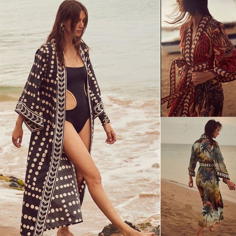 image-Beach Cardigan Long Sleeve Sun Protection Lace-up Printing Long Beach Wear Dress Leisure Fashion Loose Sexy Bikini Cover Up
