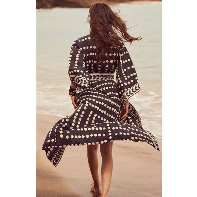 image-Beach Cardigan Long Sleeve Sun Protection Lace-up Printing Long Beach Wear Dress Leisure Fashion Loose Sexy Bikini Cover Up