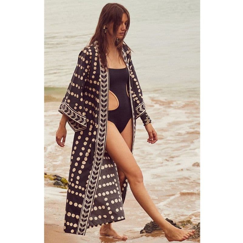 image-Beach Cardigan Long Sleeve Sun Protection Lace-up Printing Long Beach Wear Dress Leisure Fashion Loose Sexy Bikini Cover Up
