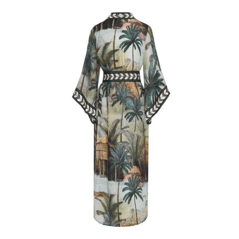 image-Beach Cardigan Long Sleeve Sun Protection Lace-up Printing Long Beach Wear Dress Leisure Fashion Loose Sexy Bikini Cover Up