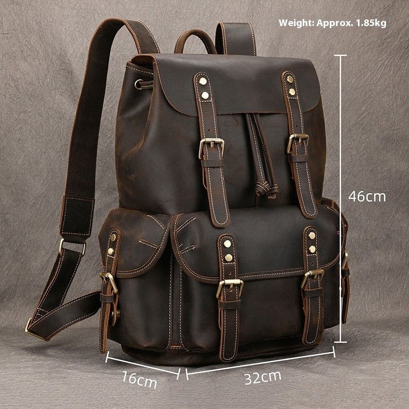 image-Large Capacity Crazy Horse Leather Backpack Travel Outdoor Flip