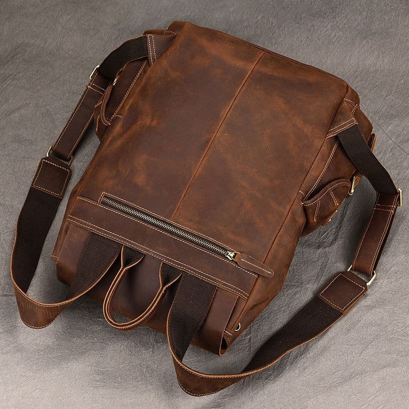 image-Large Capacity Crazy Horse Leather Backpack Travel Outdoor Flip