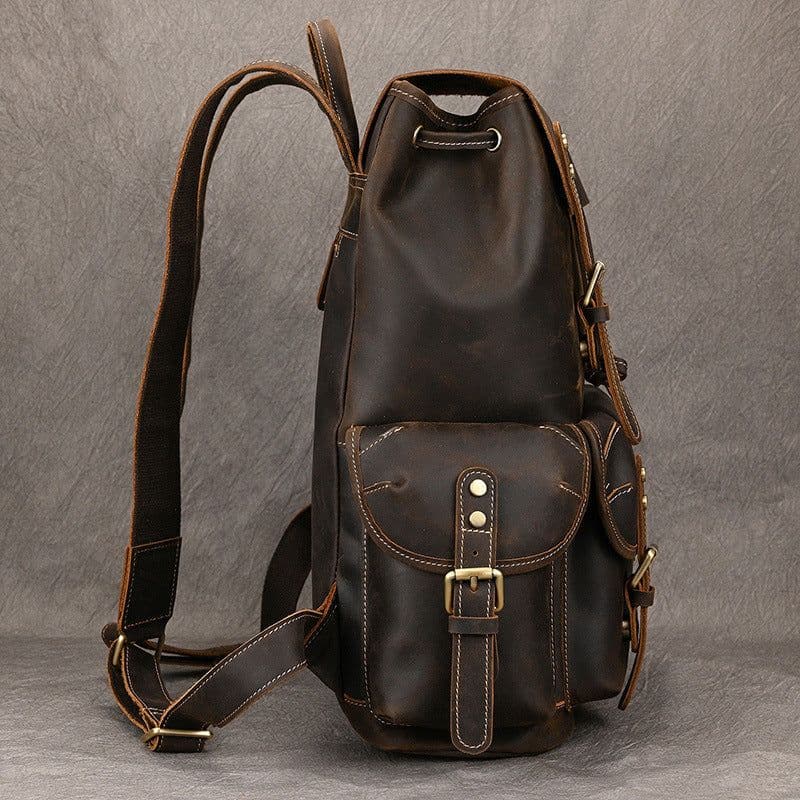 image-Large Capacity Crazy Horse Leather Backpack Travel Outdoor Flip