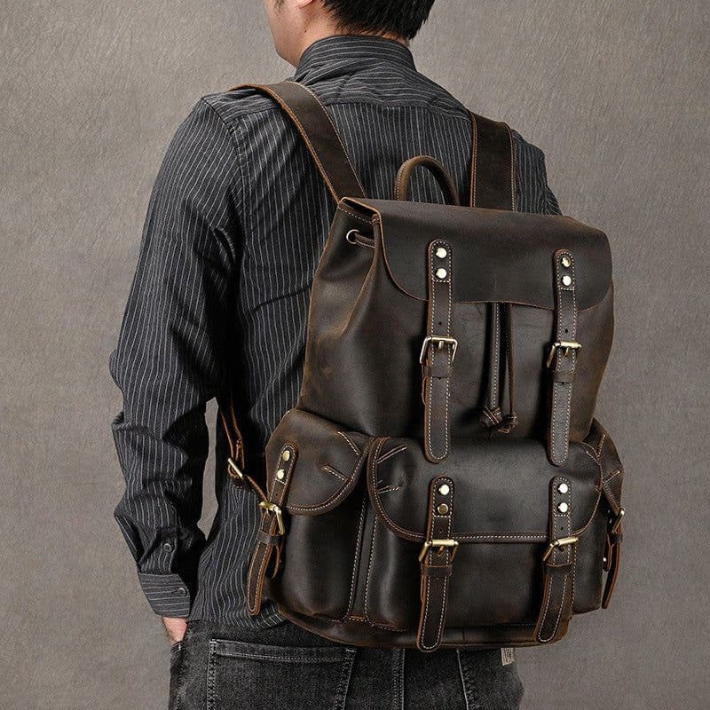 image-Large Capacity Crazy Horse Leather Backpack Travel Outdoor Flip