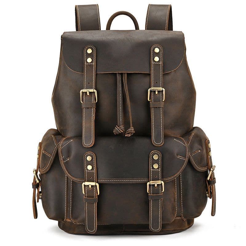 image-Large Capacity Crazy Horse Leather Backpack Travel Outdoor Flip