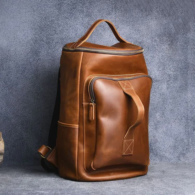 image-Vintage Crazy Horse Leather Hand-carrying Backpack Travel Leather Hiking Backpack