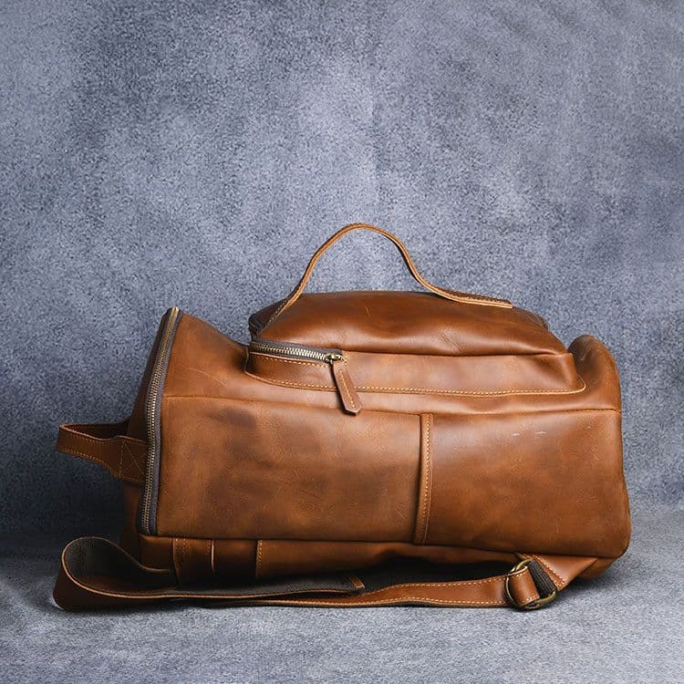 image-Vintage Crazy Horse Leather Hand-carrying Backpack Travel Leather Hiking Backpack