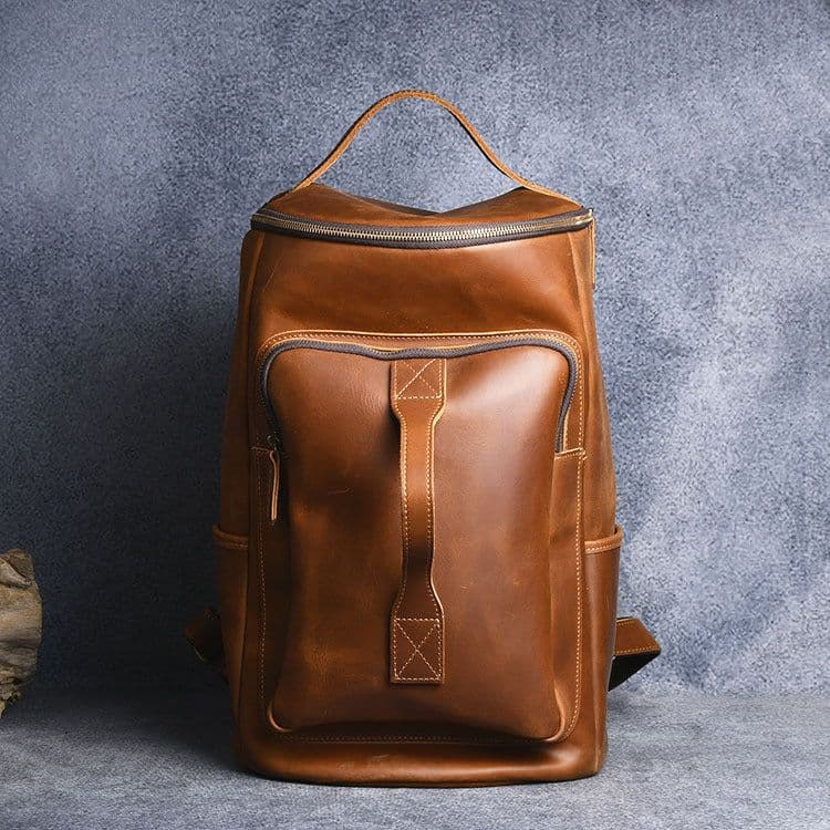 image-Vintage Crazy Horse Leather Hand-carrying Backpack Travel Leather Hiking Backpack