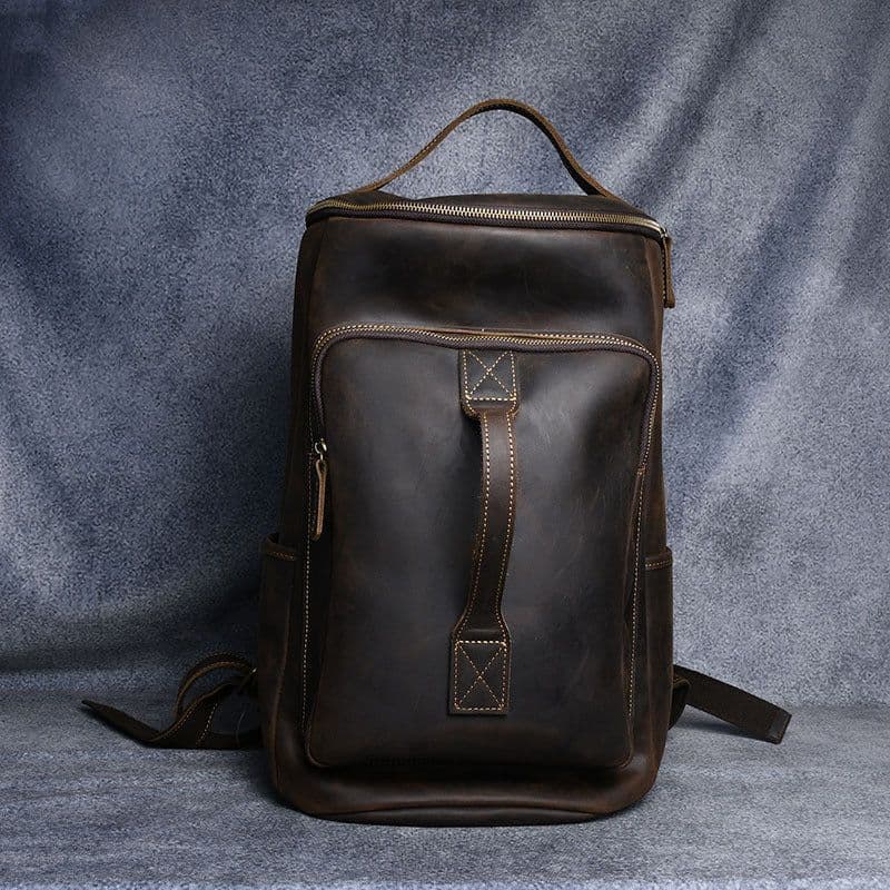 image-Vintage Crazy Horse Leather Hand-carrying Backpack Travel Leather Hiking Backpack