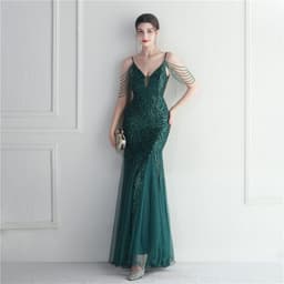 image-Mesh Beaded Bridal Wedding Dinner Long Camisole Evening Gown