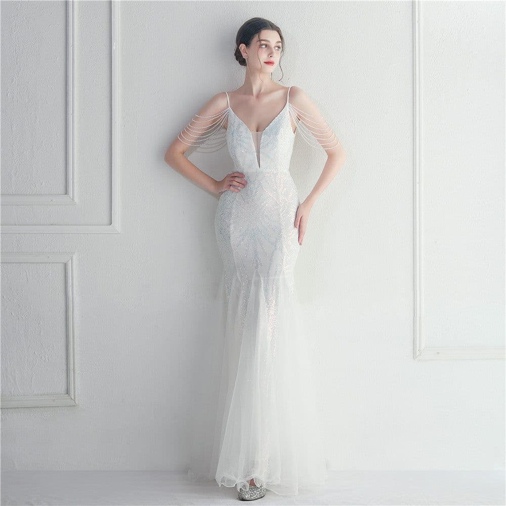 image-Mesh Beaded Bridal Wedding Dinner Long Camisole Evening Gown