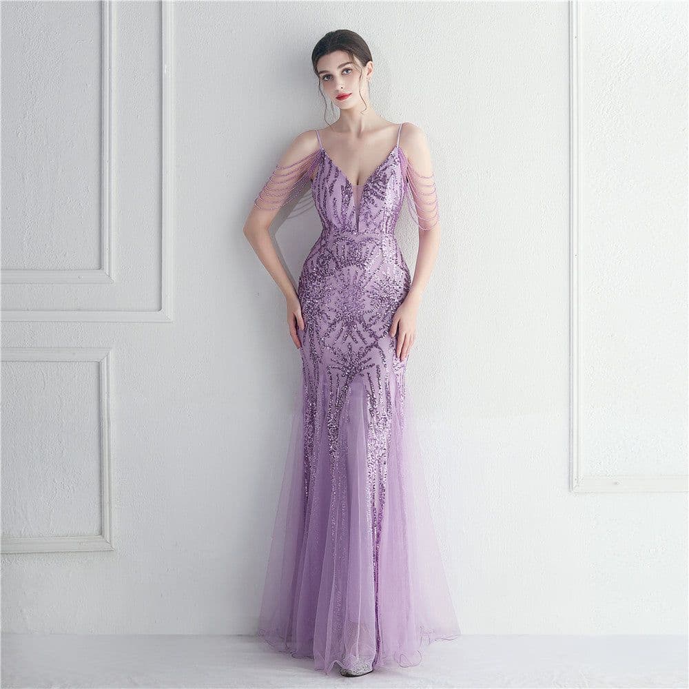 image-Mesh Beaded Bridal Wedding Dinner Long Camisole Evening Gown