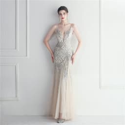 image-Mesh Beaded Bridal Wedding Dinner Long Camisole Evening Gown