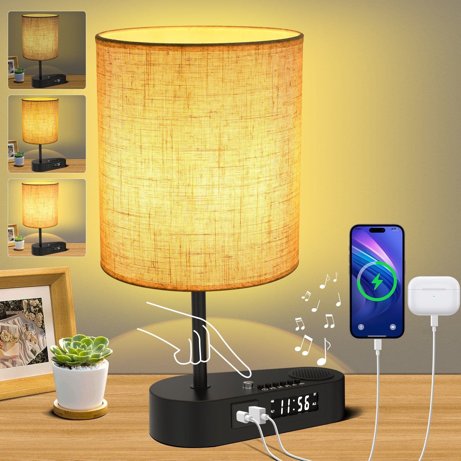 image-Multifunctional Bluetooth Playing Alarm Clock Fabric Table Lamp