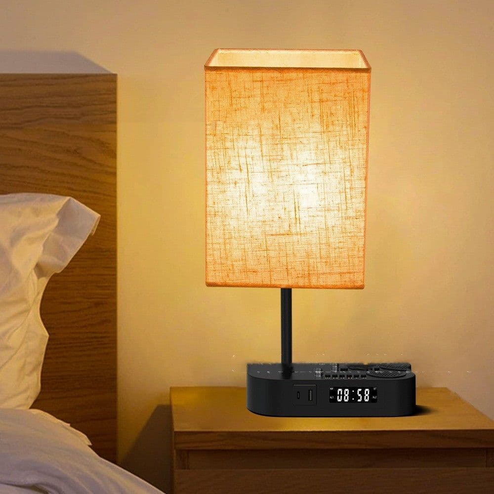 image-Multifunctional Bluetooth Playing Alarm Clock Fabric Table Lamp