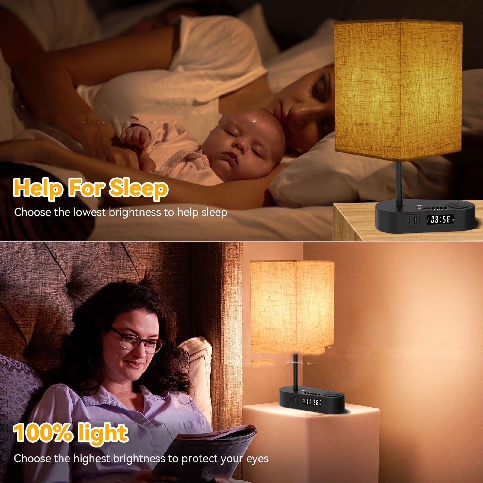 image-Multifunctional Bluetooth Playing Alarm Clock Fabric Table Lamp