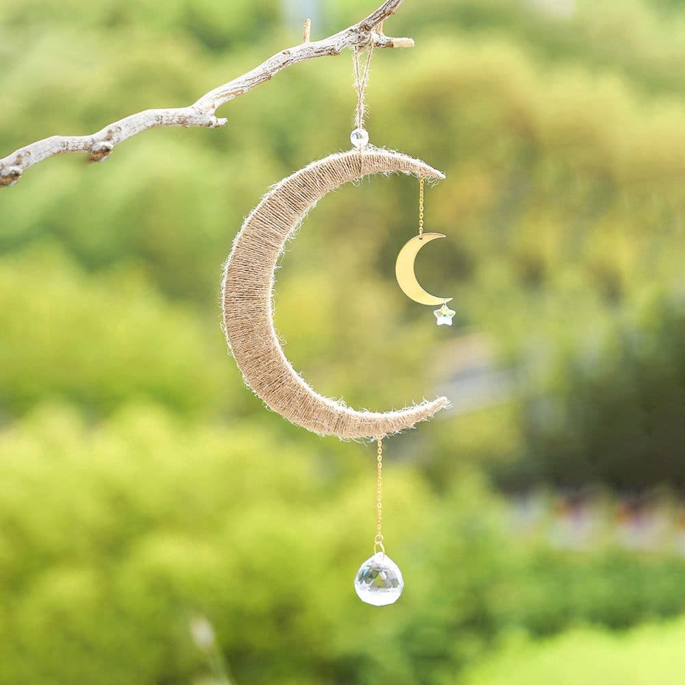 image-Wooden Woven Hand Gift Moon Crystal Gardening Sun Catcher Wall Decoration Pendant
