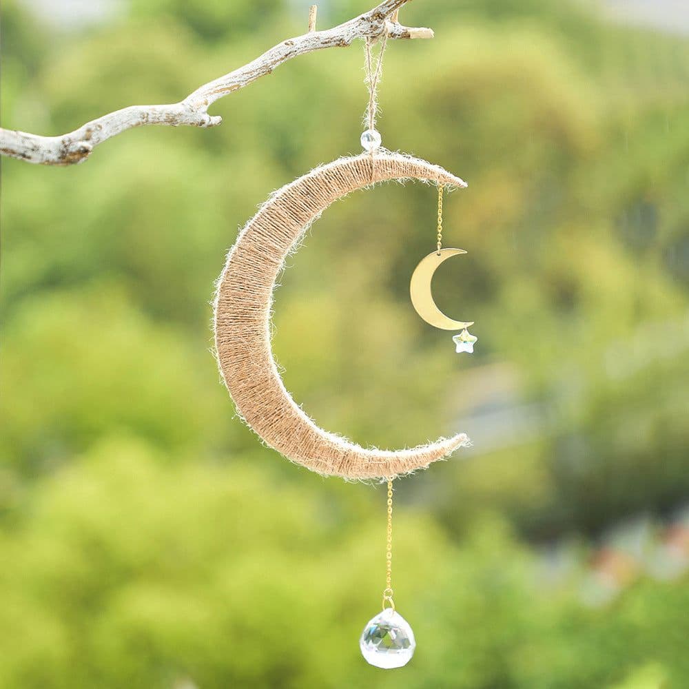 image-Wooden Woven Hand Gift Moon Crystal Gardening Sun Catcher Wall Decoration Pendant