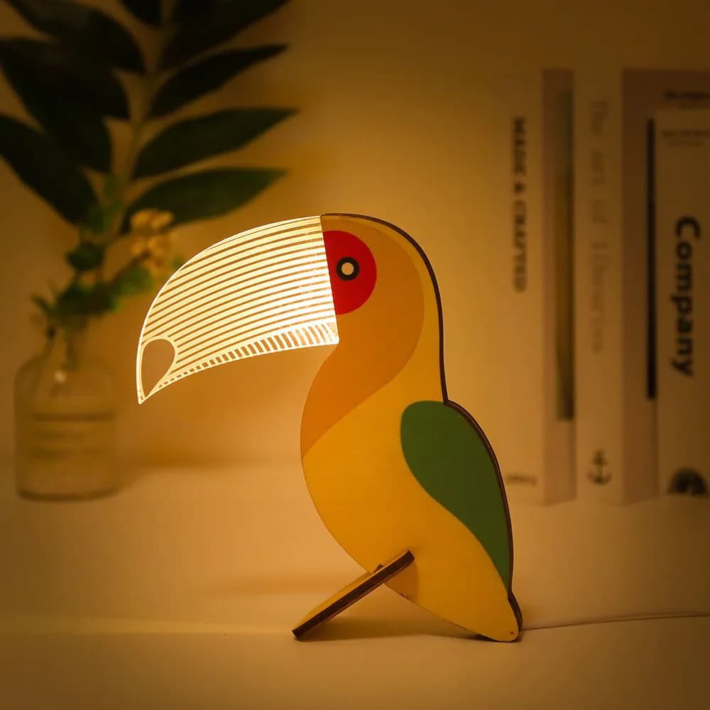 image-Animals LED Night Light Wood Acrylic Table USB Lights Decorate For Children Baby Kids Bedside Lamp Pelican Sirius Whale Toucan