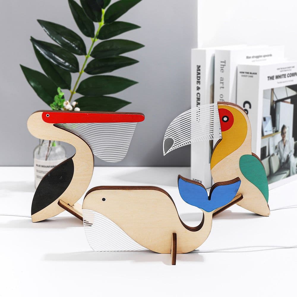 image-Animals LED Night Light Wood Acrylic Table USB Lights Decorate For Children Baby Kids Bedside Lamp Pelican Sirius Whale Toucan