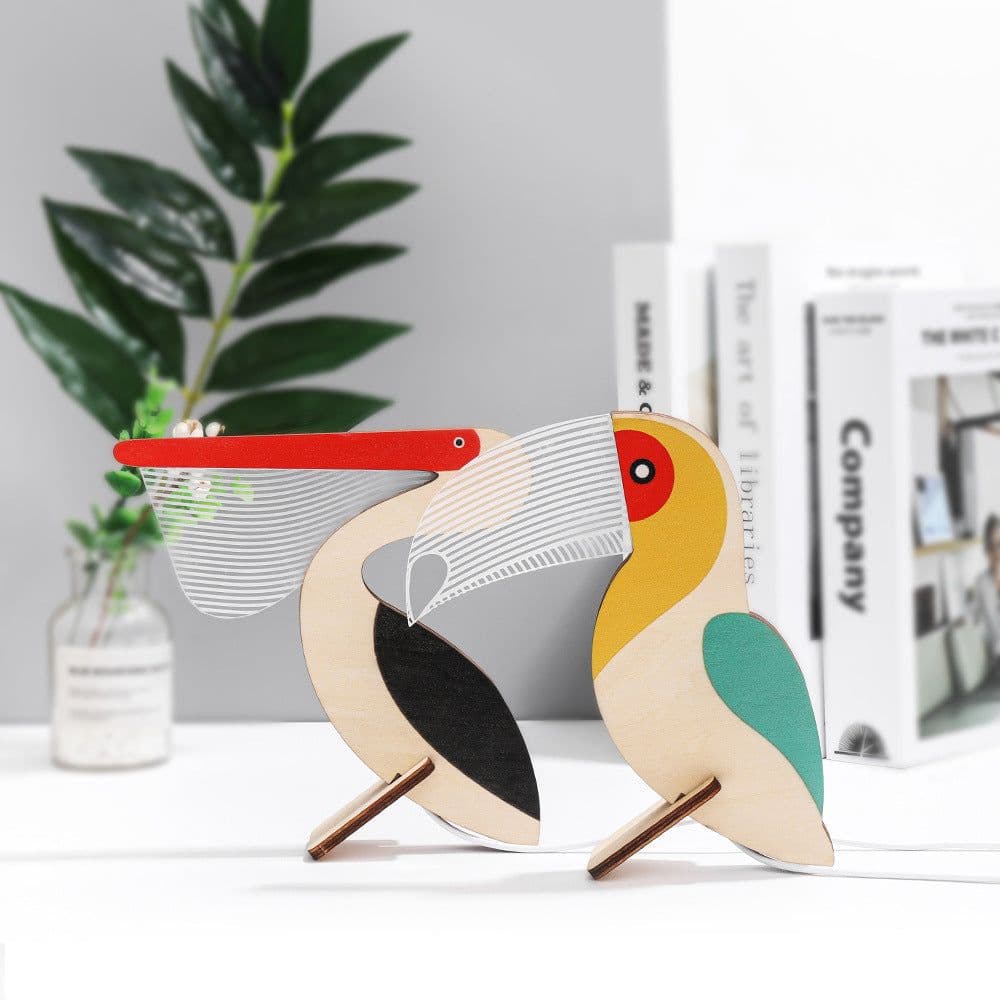 image-Animals LED Night Light Wood Acrylic Table USB Lights Decorate For Children Baby Kids Bedside Lamp Pelican Sirius Whale Toucan