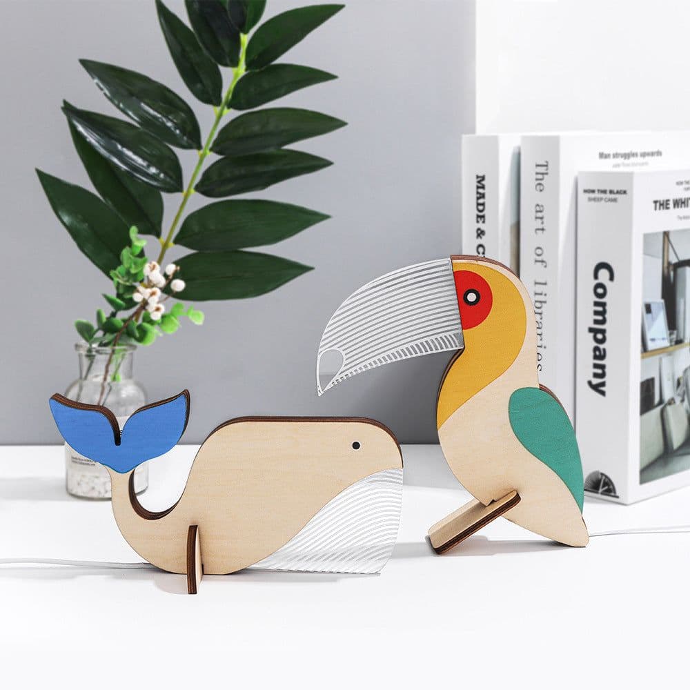 image-Animals LED Night Light Wood Acrylic Table USB Lights Decorate For Children Baby Kids Bedside Lamp Pelican Sirius Whale Toucan