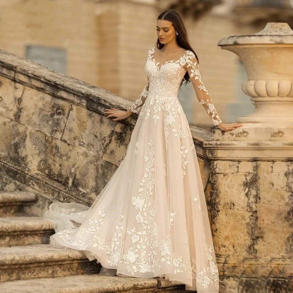 image-Long Sleeve Wedding Dress Mori Style Bridal Simple Round Neck