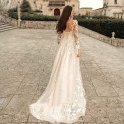 image-Long Sleeve Wedding Dress Mori Style Bridal Simple Round Neck
