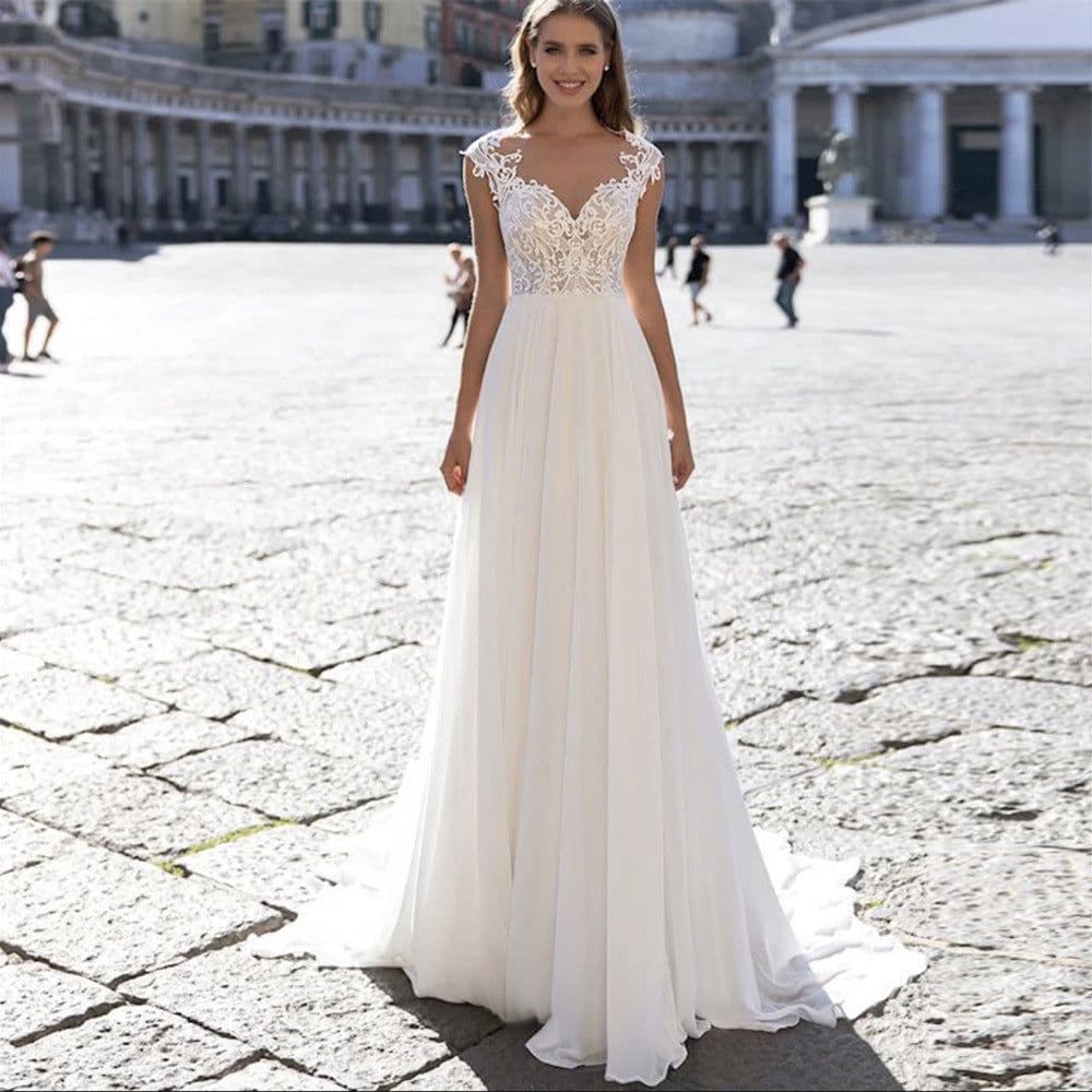 image-A Series Chiffon Wedding Dress V-neck Long Sleeve