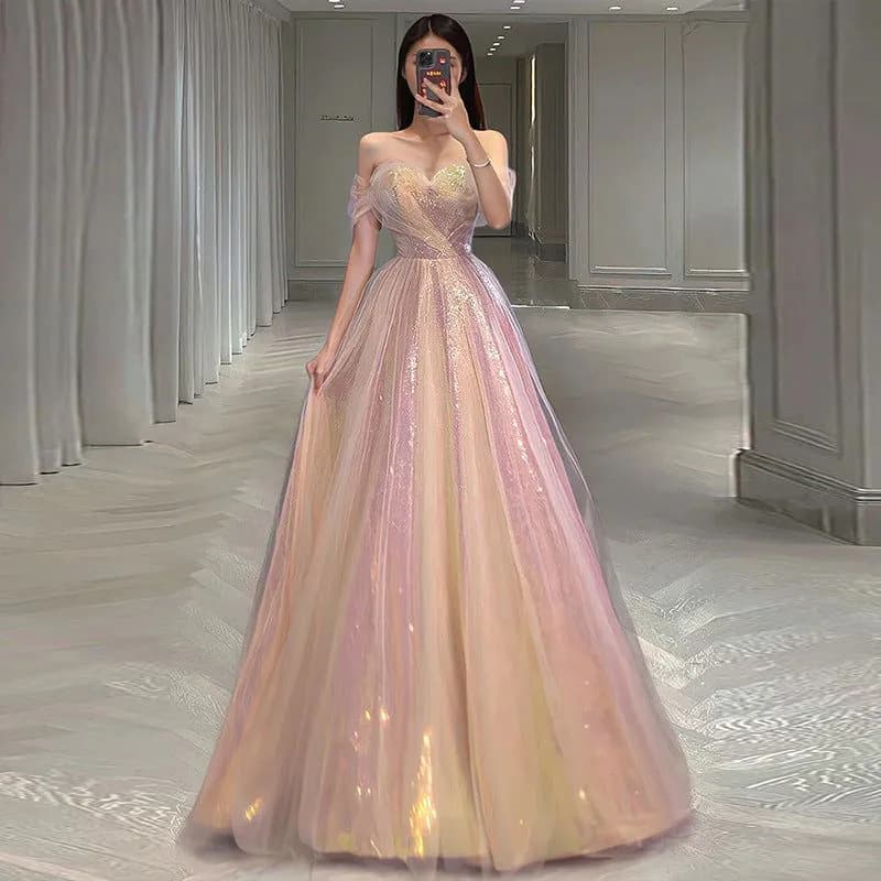 image-New Mesh Slimming Annual Party Banquet Host Mermaid Off-shoulder Evening Dress For Women