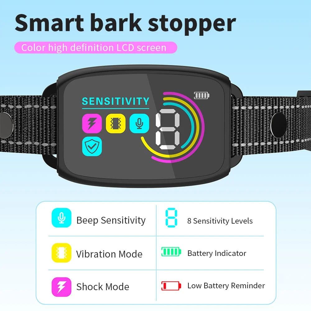 image-Smart Automatic Anti Barking Dog Collar Rechargeable Bark Stopper Stop Barking HD Digital Display IP67 Waterproof Collar For Dogs Pet Products