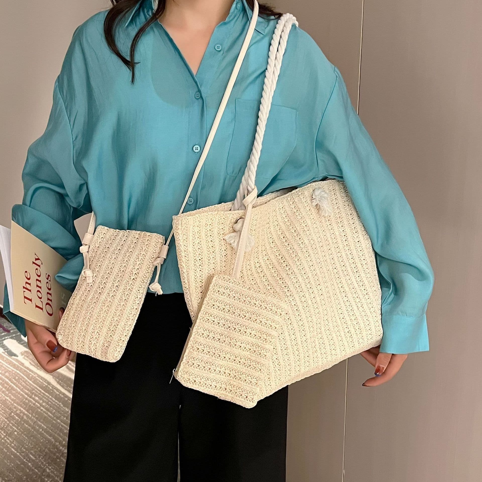 image-Fashion Straw Shoulder Tote Bag
