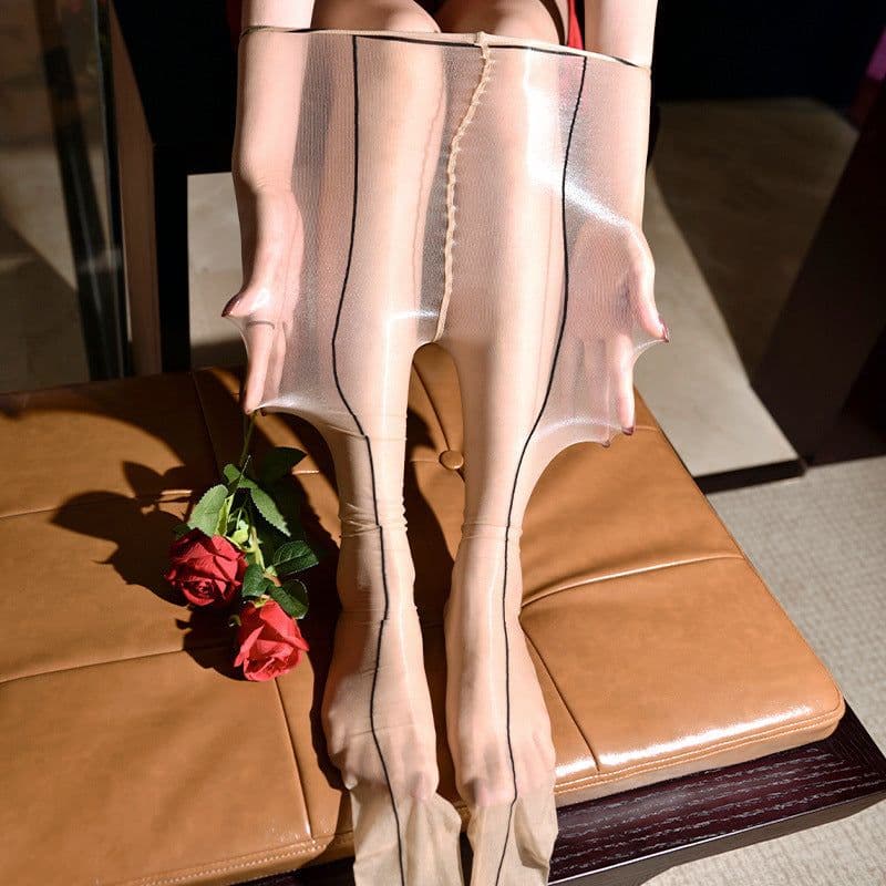 image-Aurora Back Line High Waist Shiny Waist-free Sexy Stockings High Density Silky Shiny Open-end Pantyhose
