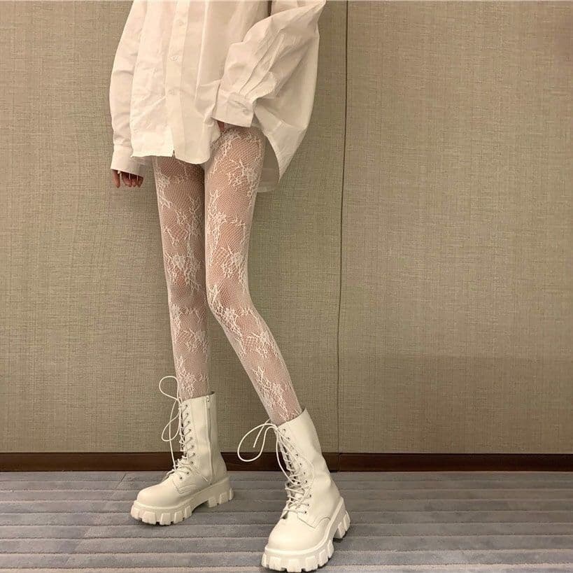 image-Hollow Lace Mesh Stockings Bottoming Pantyhose Japanese Lolita Retro