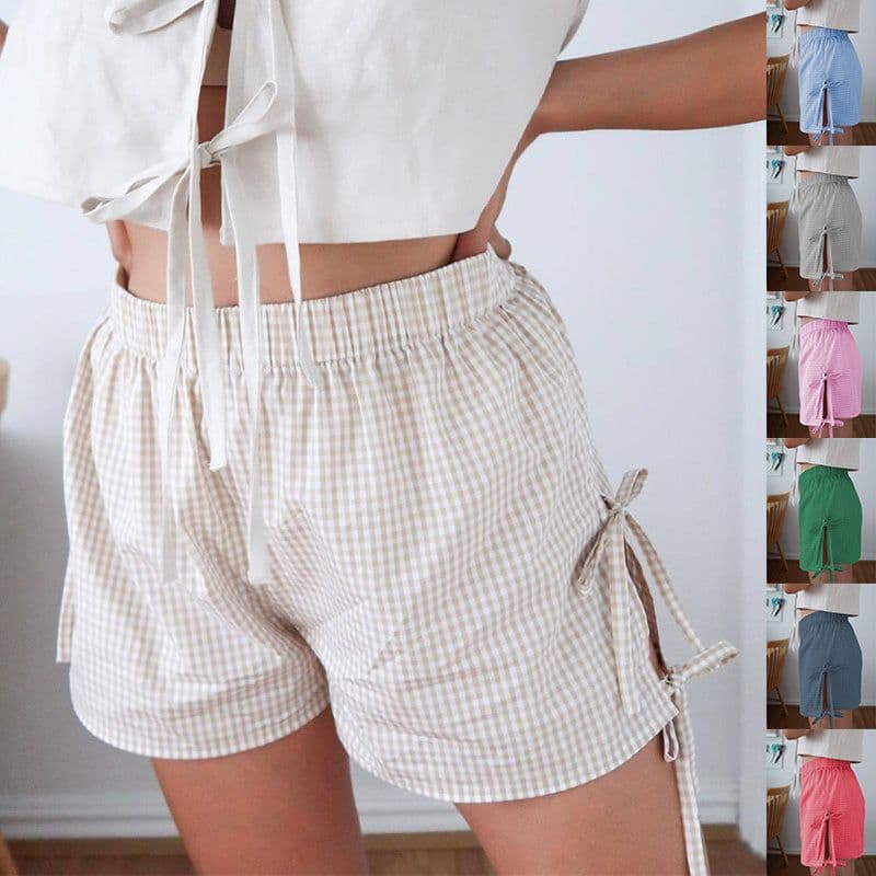 image-Loose Plaid Print Shorts With Lace-up Design Summer Fashion Y2K Elastic Band Pants For Women