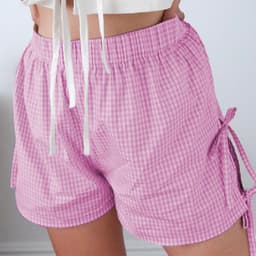 image-Loose Plaid Print Shorts With Lace-up Design Summer Fashion Y2K Elastic Band Pants For Women