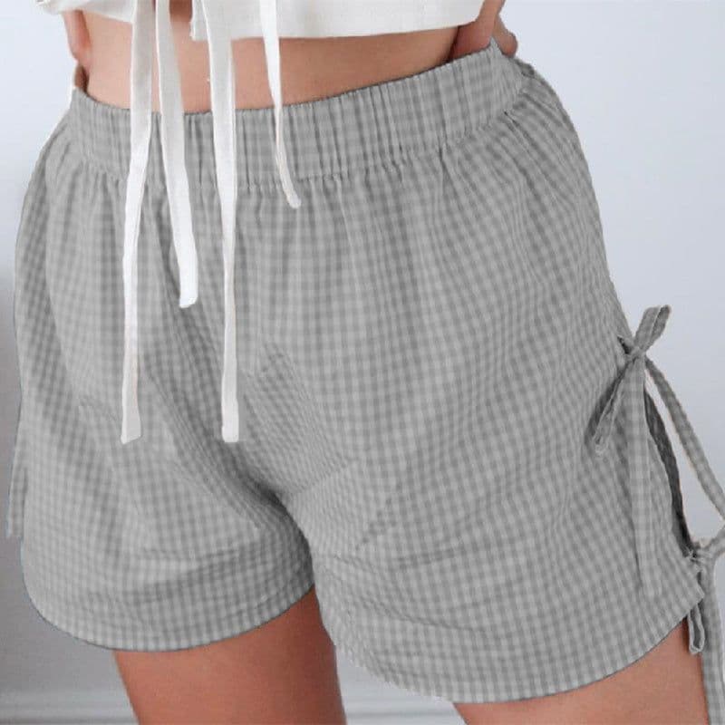 image-Loose Plaid Print Shorts With Lace-up Design Summer Fashion Y2K Elastic Band Pants For Women