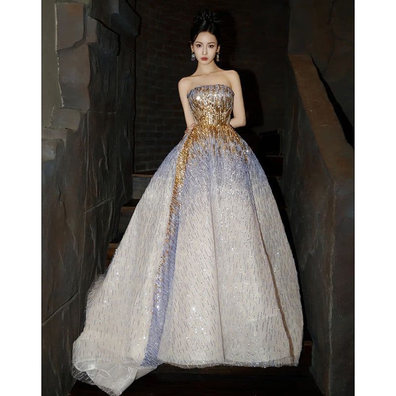 image-Purple Tube Top Light Miniature High-end Banquet Embossed Toast Dress