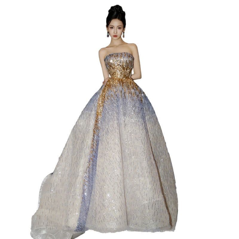 image-Purple Tube Top Light Miniature High-end Banquet Embossed Toast Dress