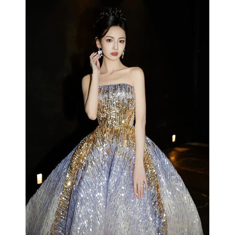 image-Purple Tube Top Light Miniature High-end Banquet Embossed Toast Dress