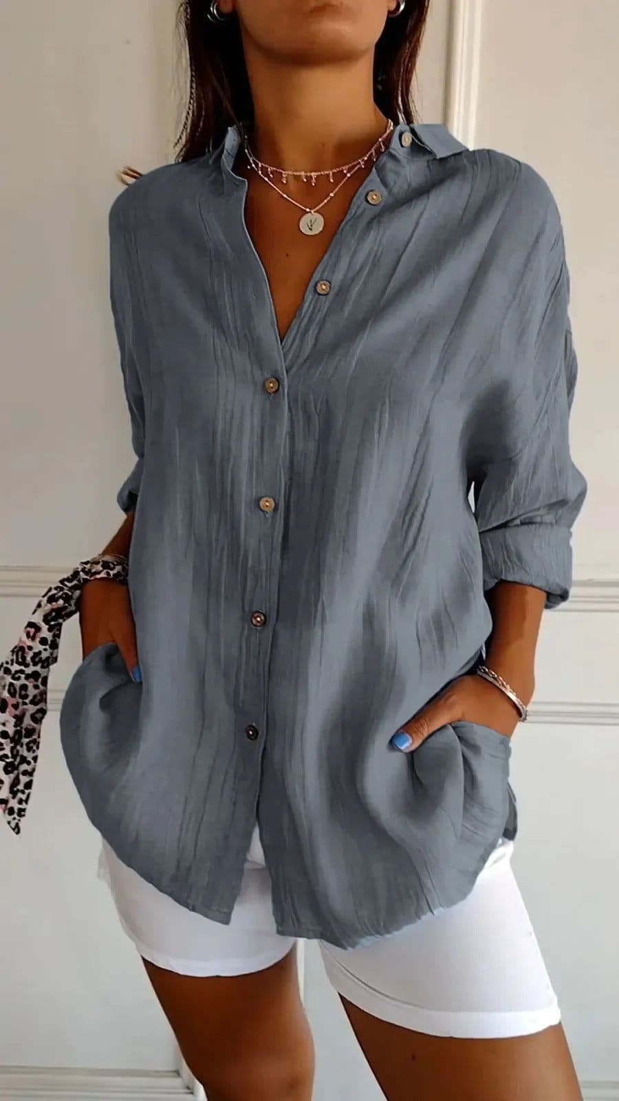image-Lapel Long Sleeve Shirt Women's Single-breasted Pleated Shirt