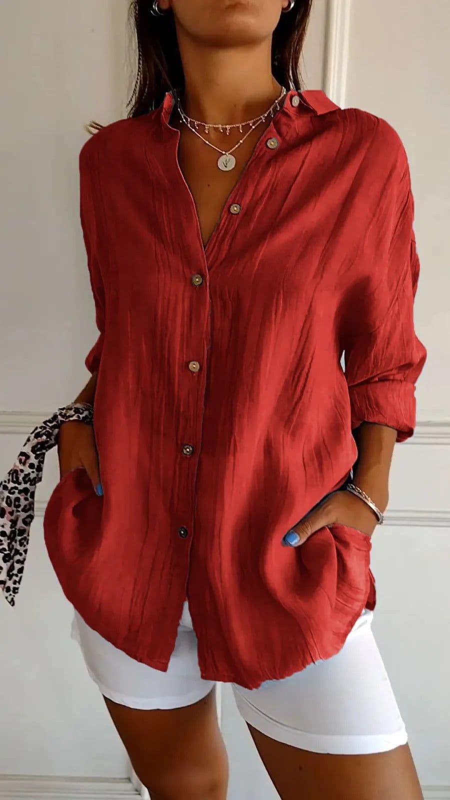 image-Lapel Long Sleeve Shirt Women's Single-breasted Pleated Shirt