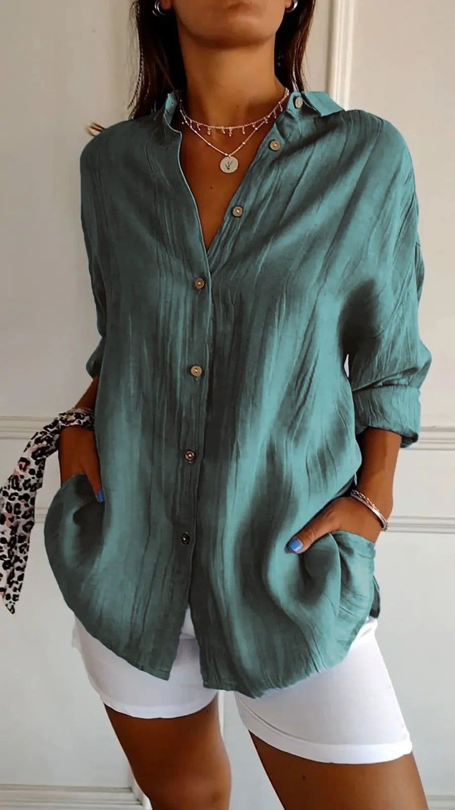 image-Lapel Long Sleeve Shirt Women's Single-breasted Pleated Shirt