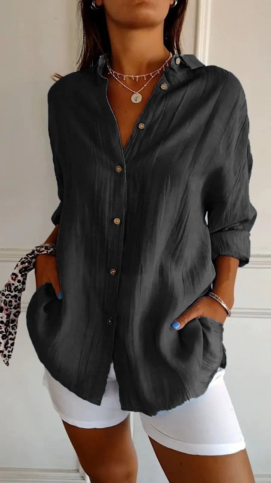 image-Lapel Long Sleeve Shirt Women's Single-breasted Pleated Shirt
