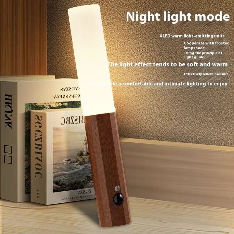 image-LED Wood Grain Magnetic Wall Lamp Motion Sensor USB Night Light Cabinet Closet Light Staircase Bedroom Table Bedside Lighting